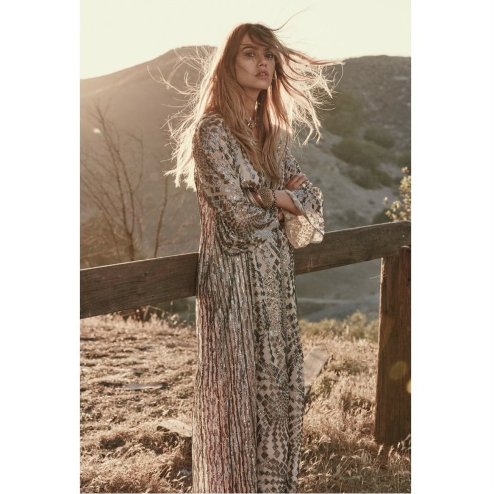 ✨ Anna Sui × Free People Silver Sequin Maxi Dress ✨